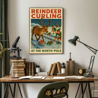 Reindeer Curling at the North Pole Poster