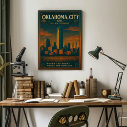Oklahoma City Skyline Vintage Travel Poster Art