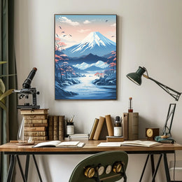 Serene Japanese Landscape with Cherry Blossoms Cultural Poster
