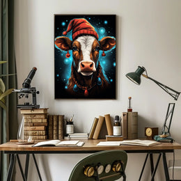 Festive Cow in Santa Hat Christmas Poster