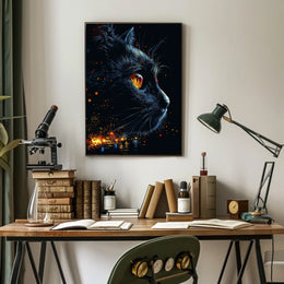 Mystical Cat with Urban Skyline Art Poster