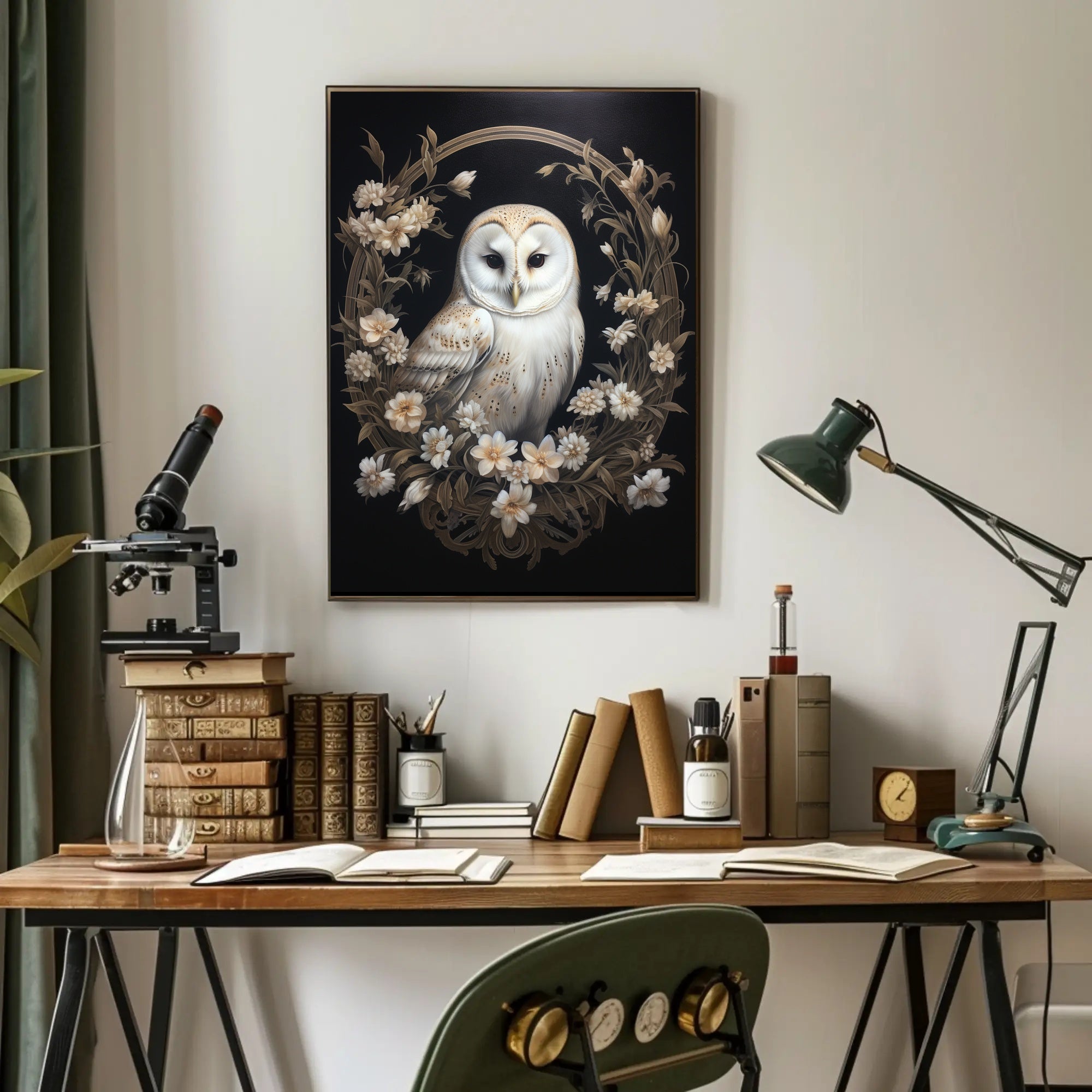Barn Owl and Floral Wreath Animal Poster