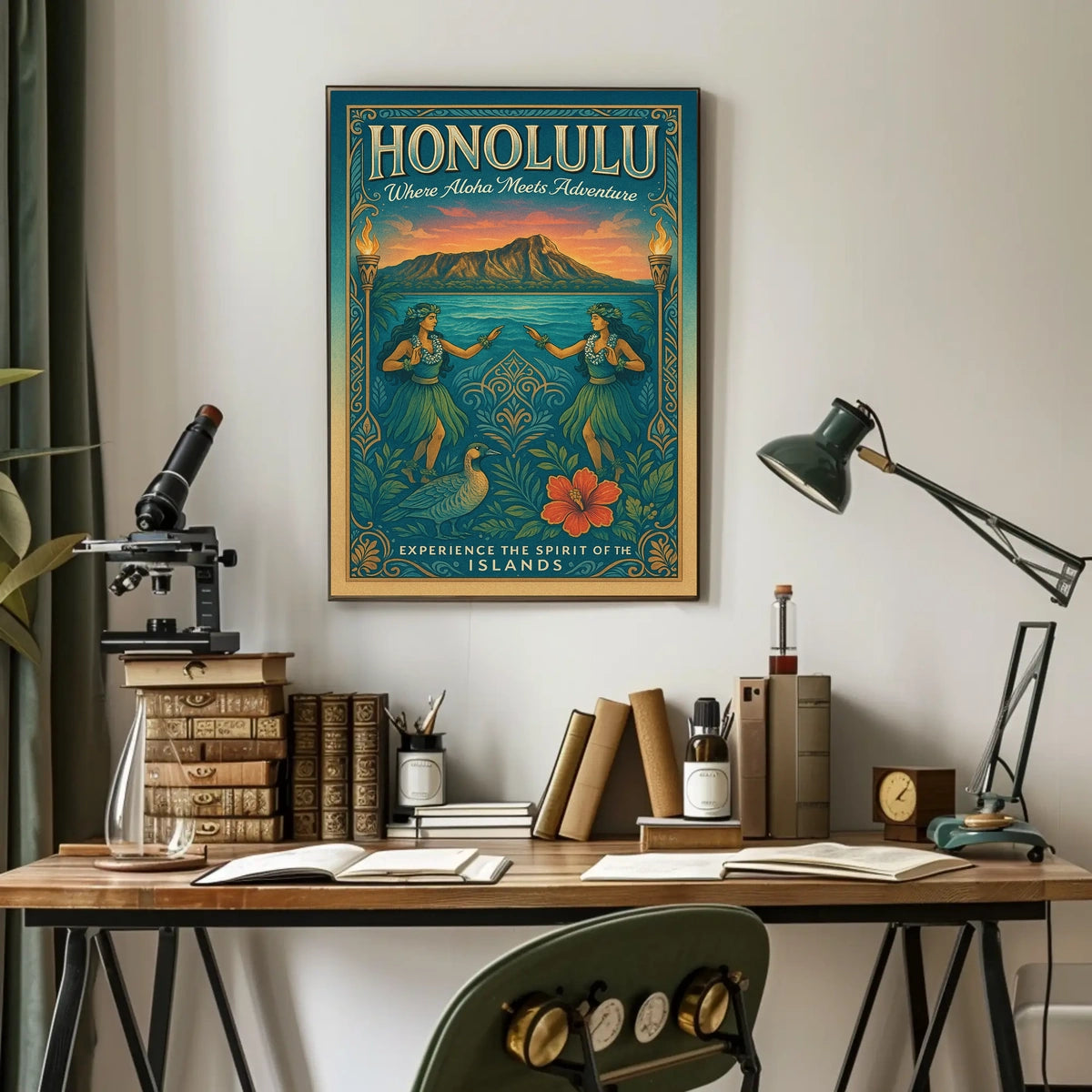 Hawaiian Vintage Art Poster Hula Dancers & Sunset