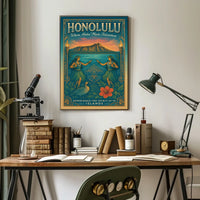 Hawaiian Vintage Art Poster Hula Dancers & Sunset