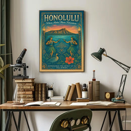 Hawaiian Vintage Art Poster Hula Dancers & Sunset