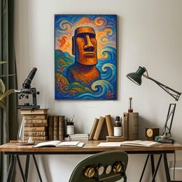 Moai Statue with Mystical Waves Abstract or Artistic Poster