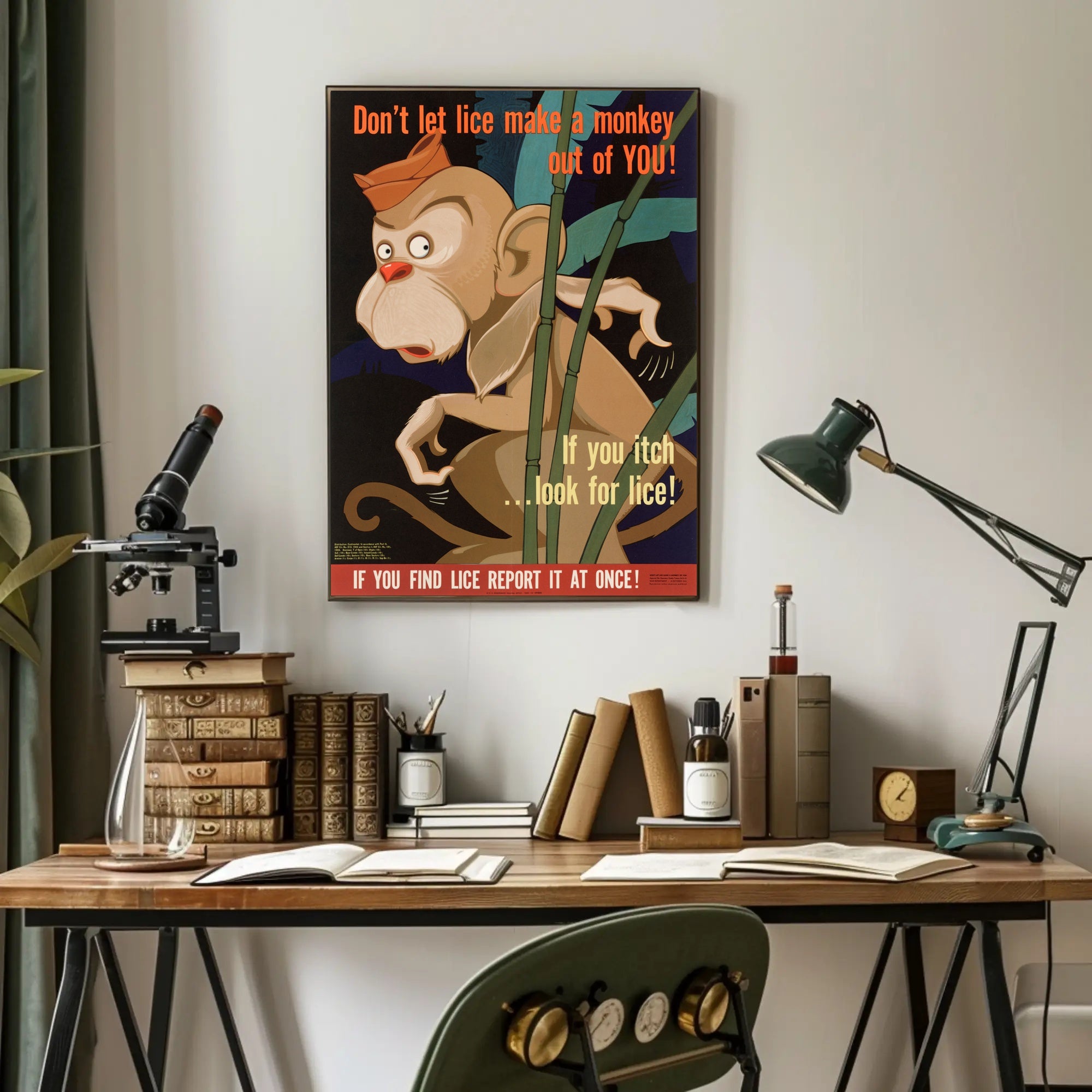 Vintage Cartoon Monkey Lice Prevention Educational Poster PosterGoat