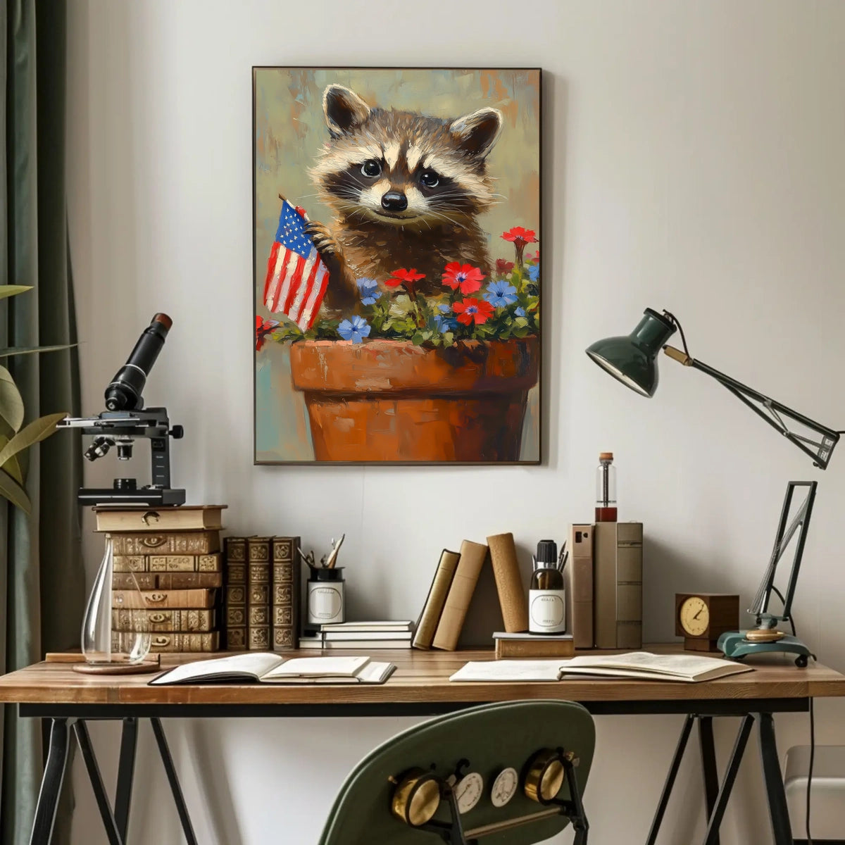 raccoon popping out of a large clay flowerpot Poster