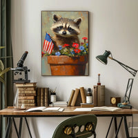 raccoon popping out of a large clay flowerpot Poster