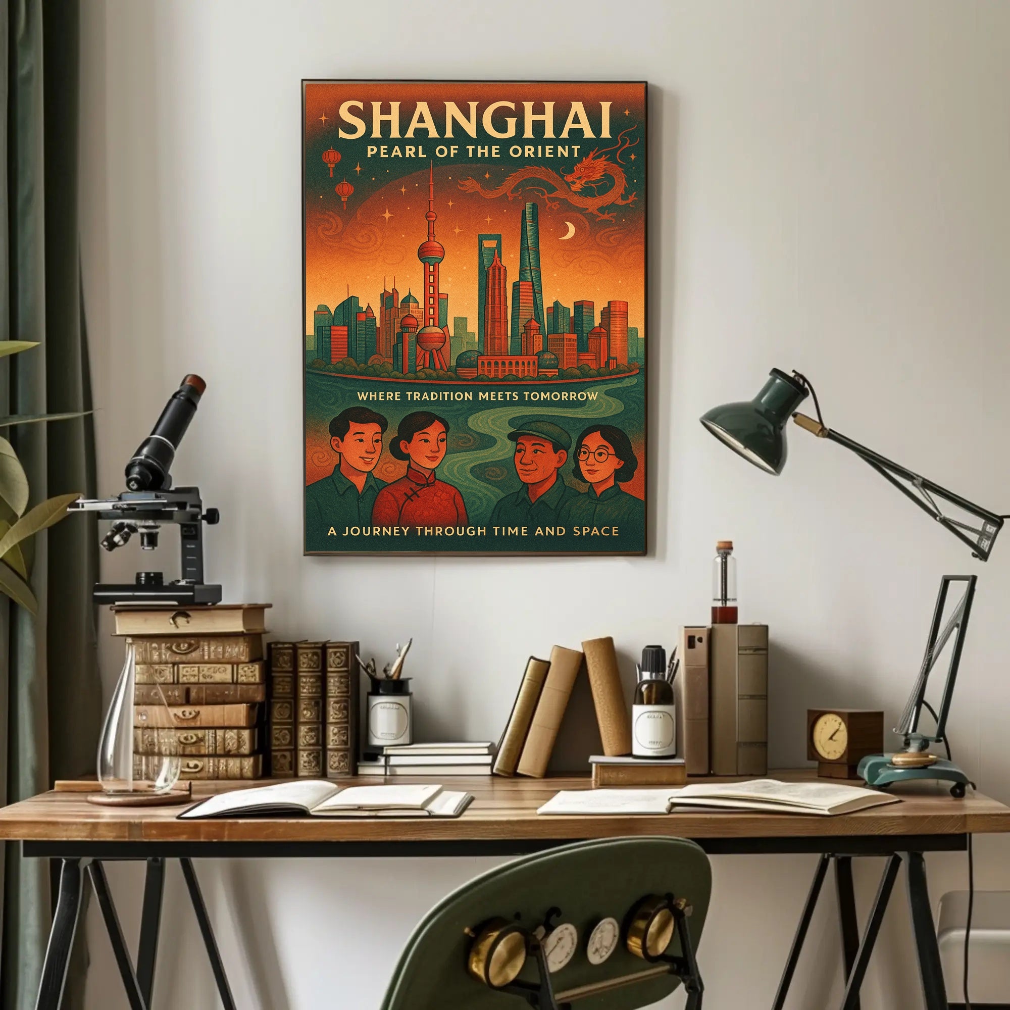 Shanghai Skyline Vintage Travel Poster