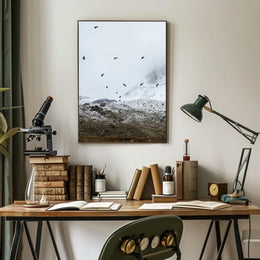 Birds In Flight Over Snowy Peaks Poster