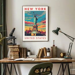 Statue Of Liberty New York Skyline Poster Retro Wall Art