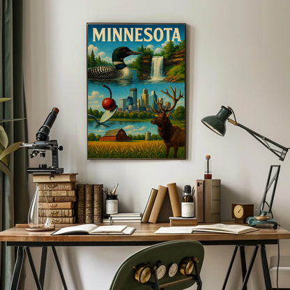 Minnesota State Symbols City Nature Blend Vintage Travel Poster