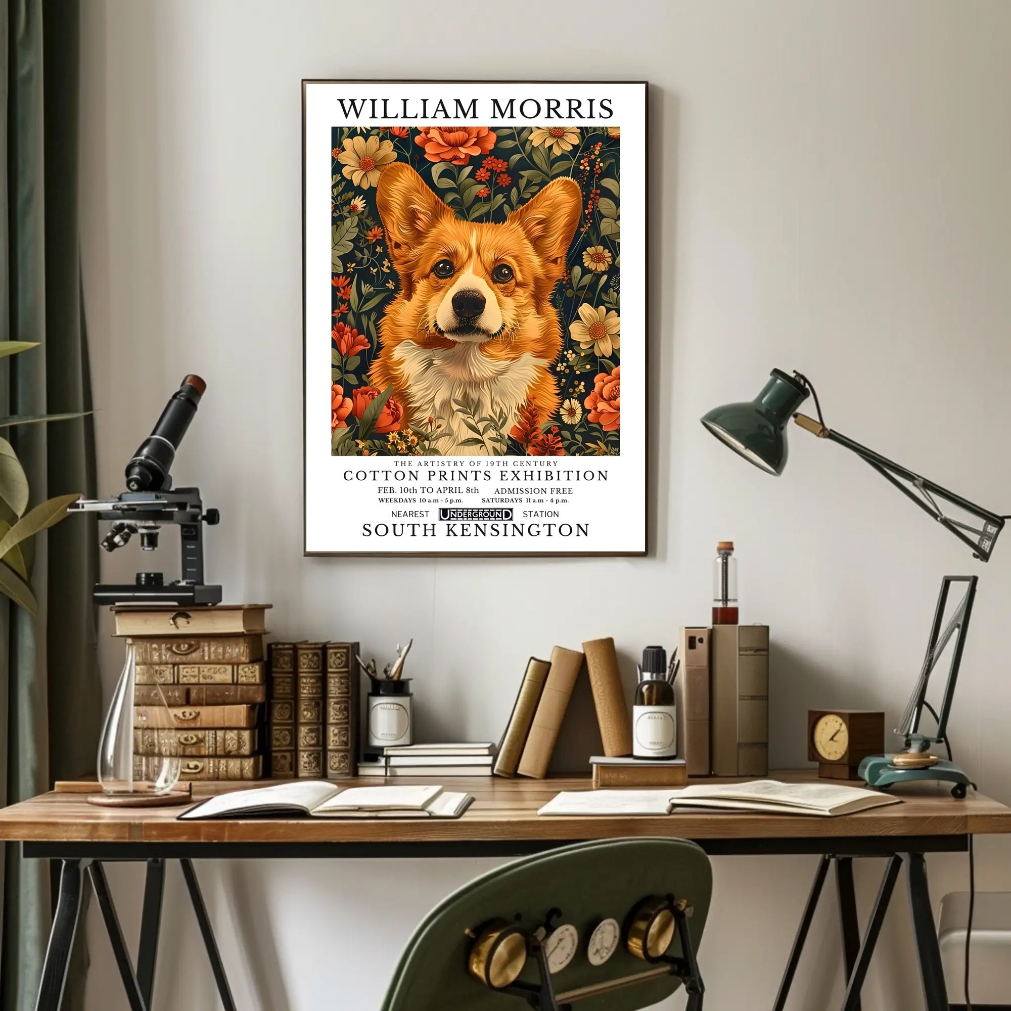 Corgi Art with Floral Elegance: Artistic Poster