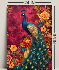 Majestic Peacock Amidst Lush Blooms: Artistic Animal Poster