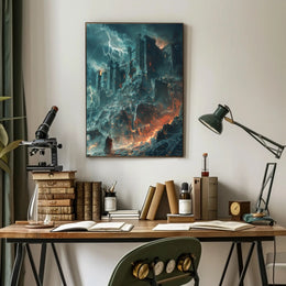 Dark Fortress in Fiery Storm - Fantasy or Mythology Poster PosterGoat
