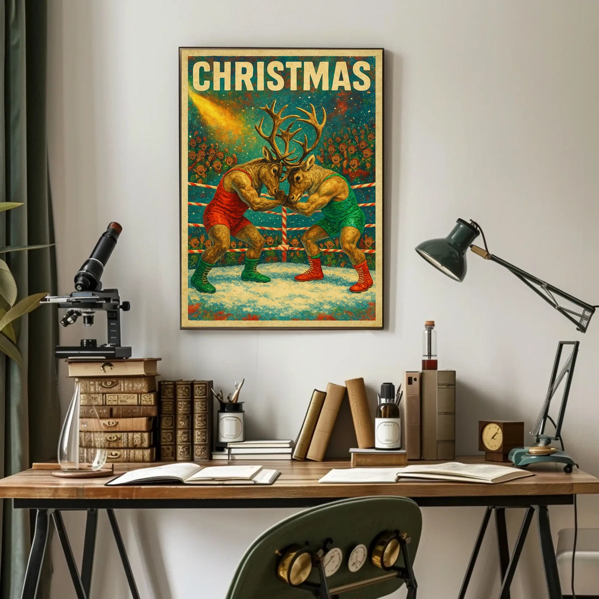 Whimsical Reindeer Wrestling Christmas Fantasy or Mythology Poster