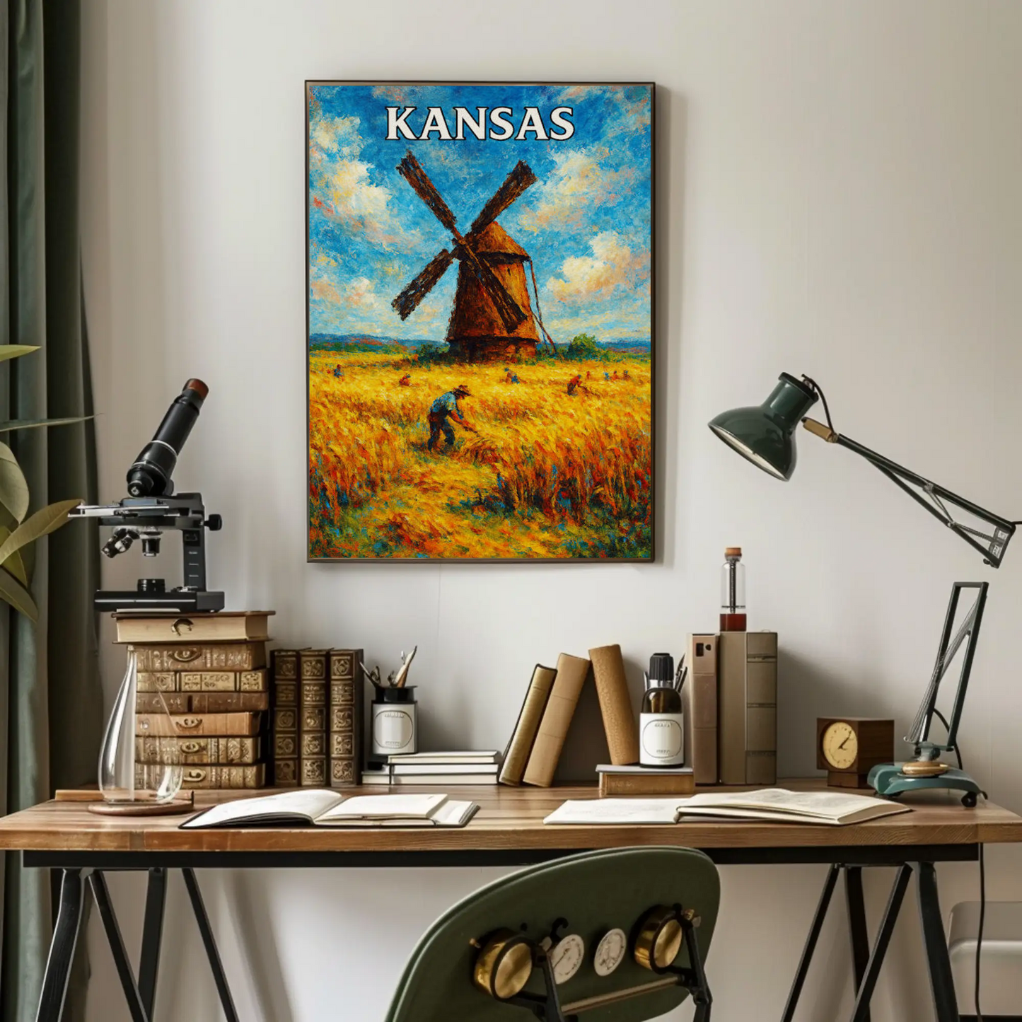 Kansas Windmill Wheat Field Harvest Painting Poster Poster