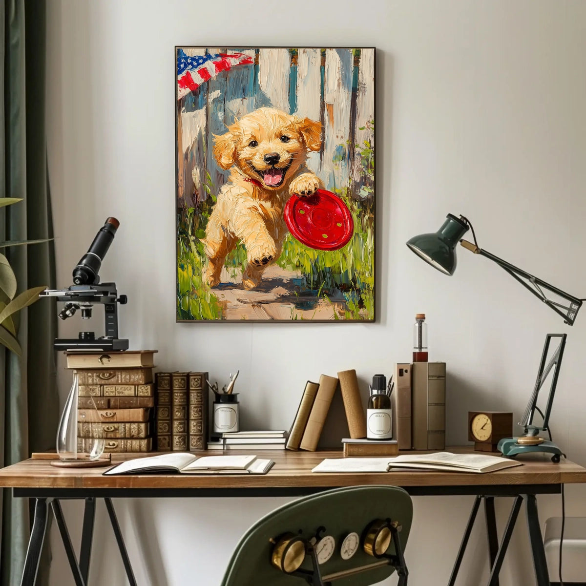 Golden Retriever Puppy Running With Red Frisbee Poster