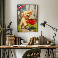 Golden Retriever Puppy Running With Red Frisbee Poster