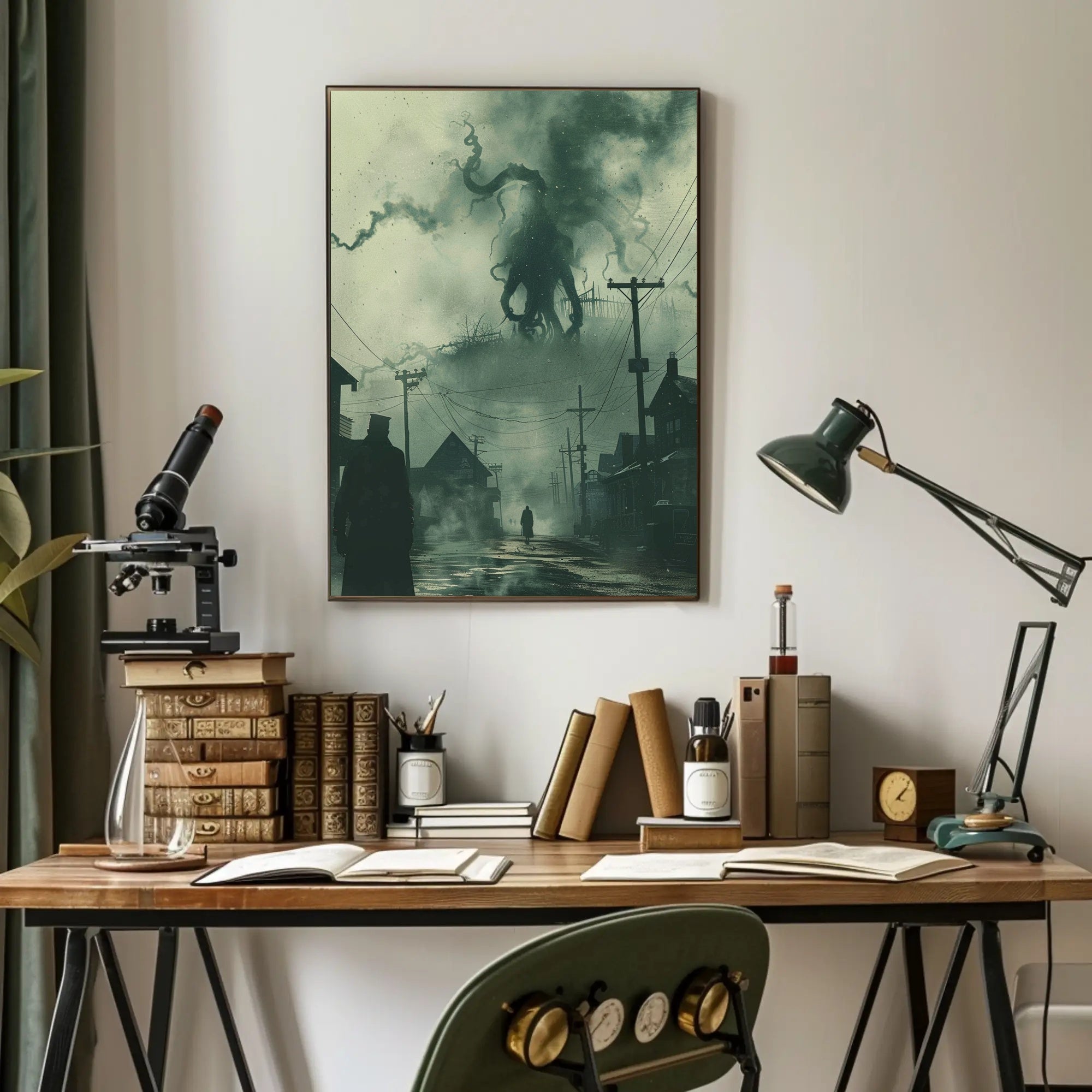 Dark Victorian Town with Tentacled Creature Fantasy Poster PosterGoat