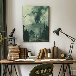 Dark Victorian Town with Tentacled Creature Fantasy Poster PosterGoat