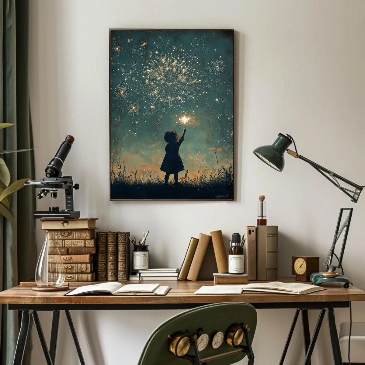 Child Holding Sparkler Night Sky Fireworks Art Poster