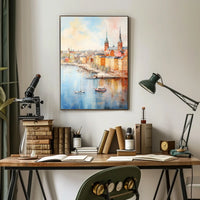 Picturesque European Cityscape on Waterfront Travel Poster