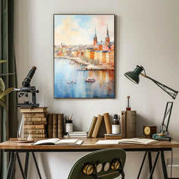 Picturesque European Cityscape on Waterfront Travel Poster