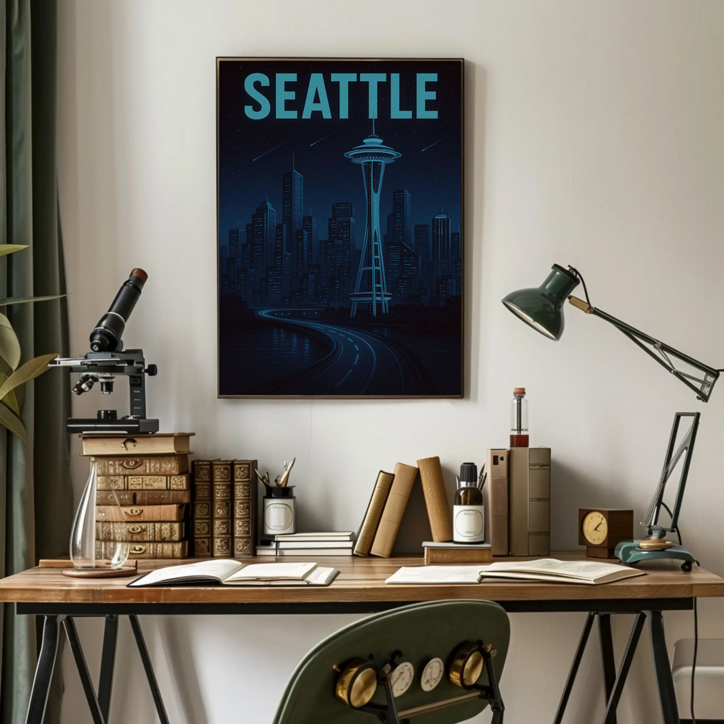 Seattle Futuristic Blue Night Skyline Space Needle Travel Poster