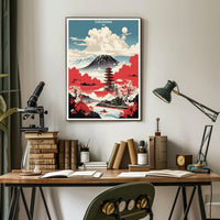 Japanese Tranquility Travel Poster with Pagoda and Mount Fuji