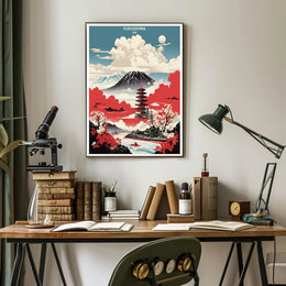 Japanese Tranquility Travel Poster with Pagoda and Mount Fuji