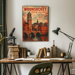 Vintage Woonsocket Clock Tower Nostalgic Watercolor Poster