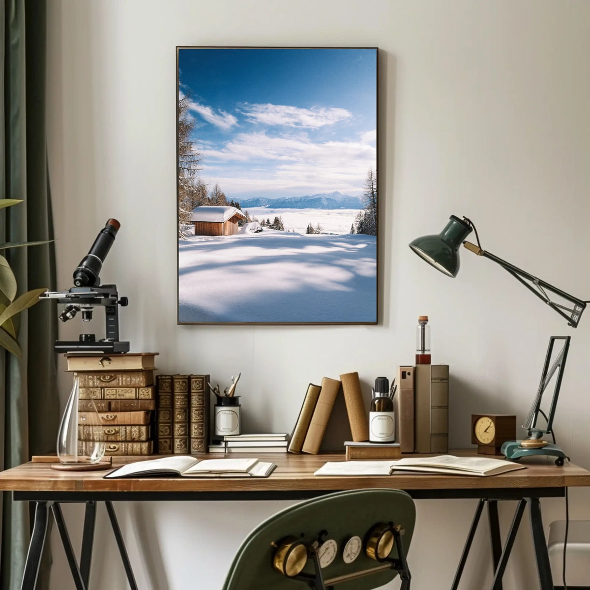 Serene Snowy Cabin Landscape National Park Poster