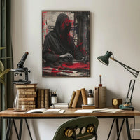 Mysterious Hooded Figure in Grayscale Artistic Poster PosterGoat
