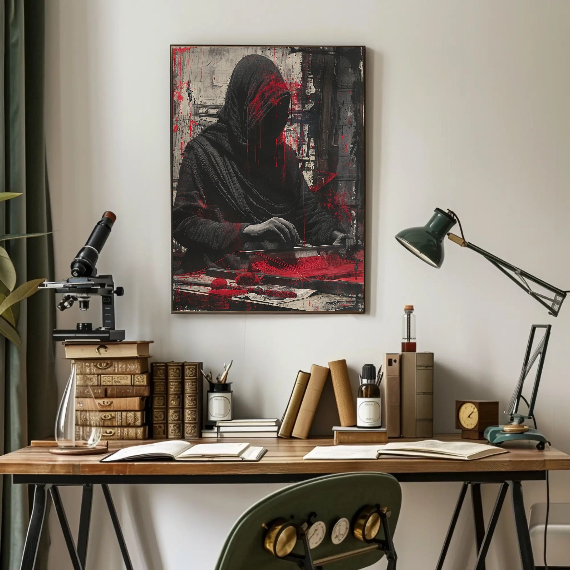 Mysterious Hooded Figure in Grayscale Artistic Poster PosterGoat