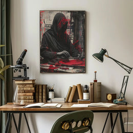 Mysterious Hooded Figure in Grayscale Artistic Poster PosterGoat