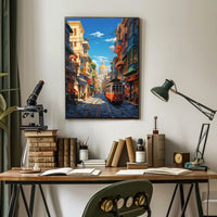 Vibrant Cityscape with Historical Trolley Travel Poster