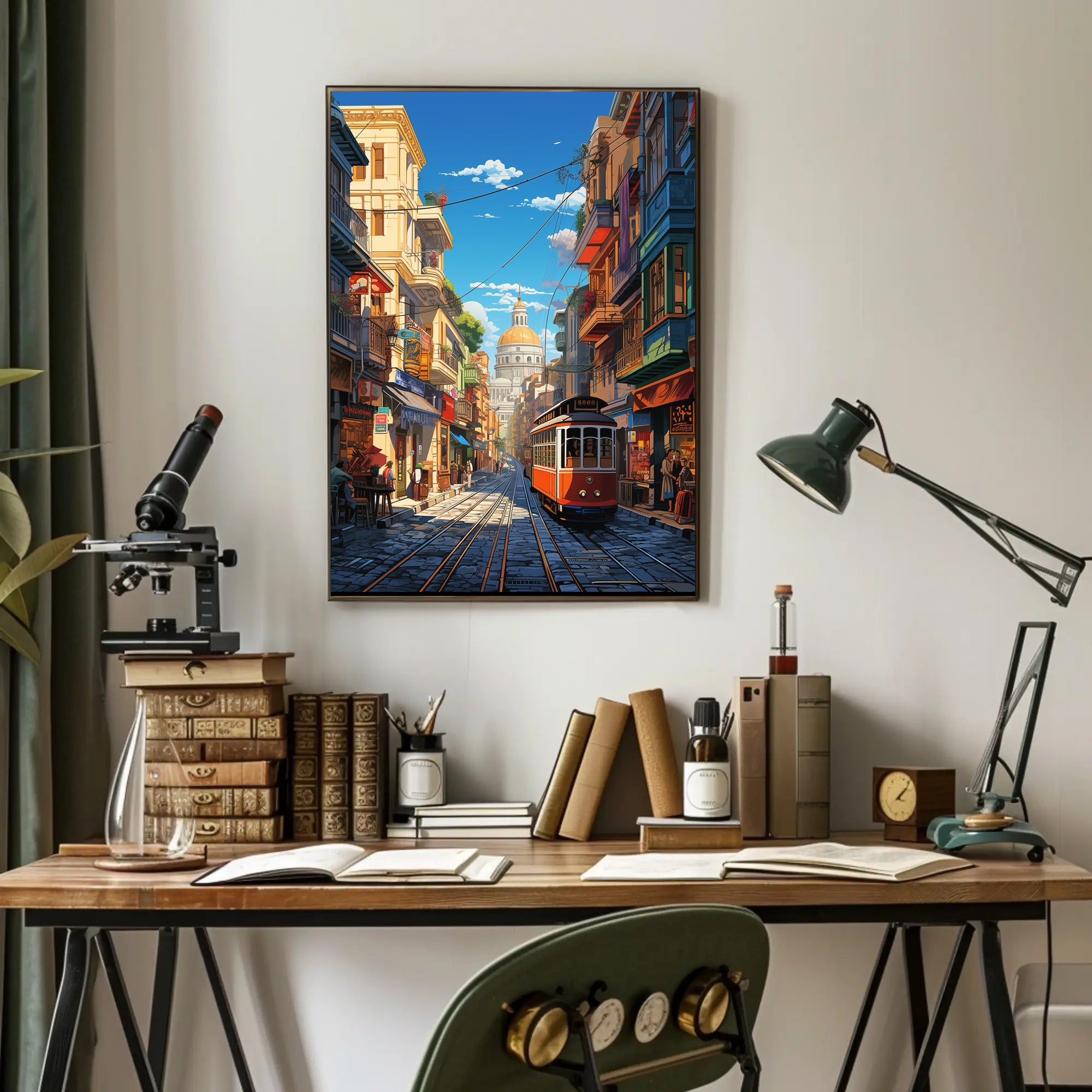 Vibrant Cityscape with Historical Trolley Travel Poster