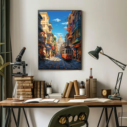 Vibrant Cityscape with Historical Trolley Travel Poster