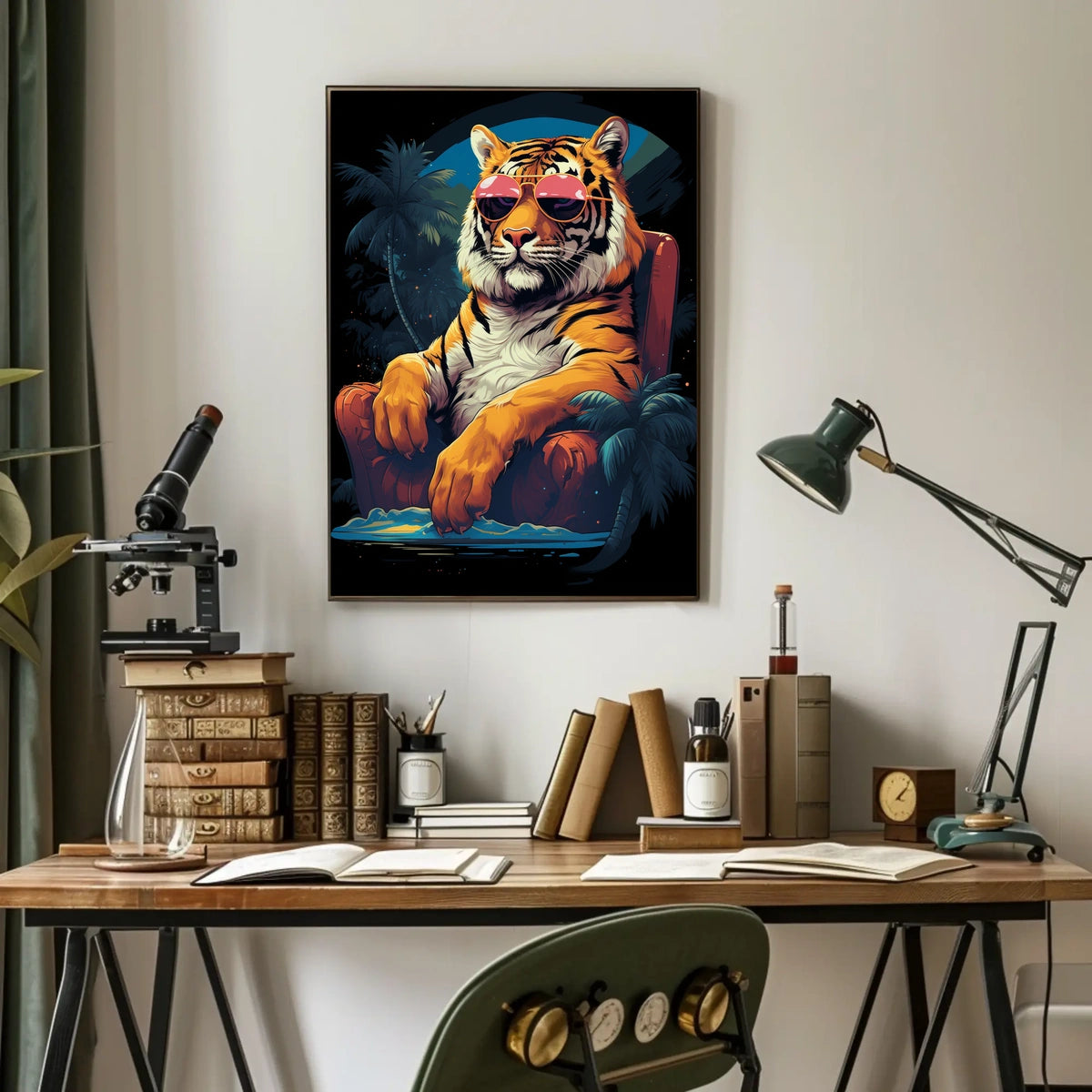 Tiger on Chair with Sunglasses - Animal Poster