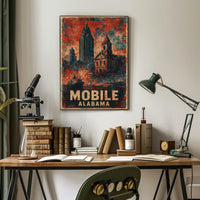 Mobile Alabama Vintage Cityscape Retro Eighties Art Deco Travel Architecture Heritage Inspired Gulf Coast Poster