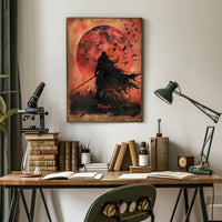 Silhouetted Warrior Against Red Moon Fantasy or Mythology Poster PosterGoat