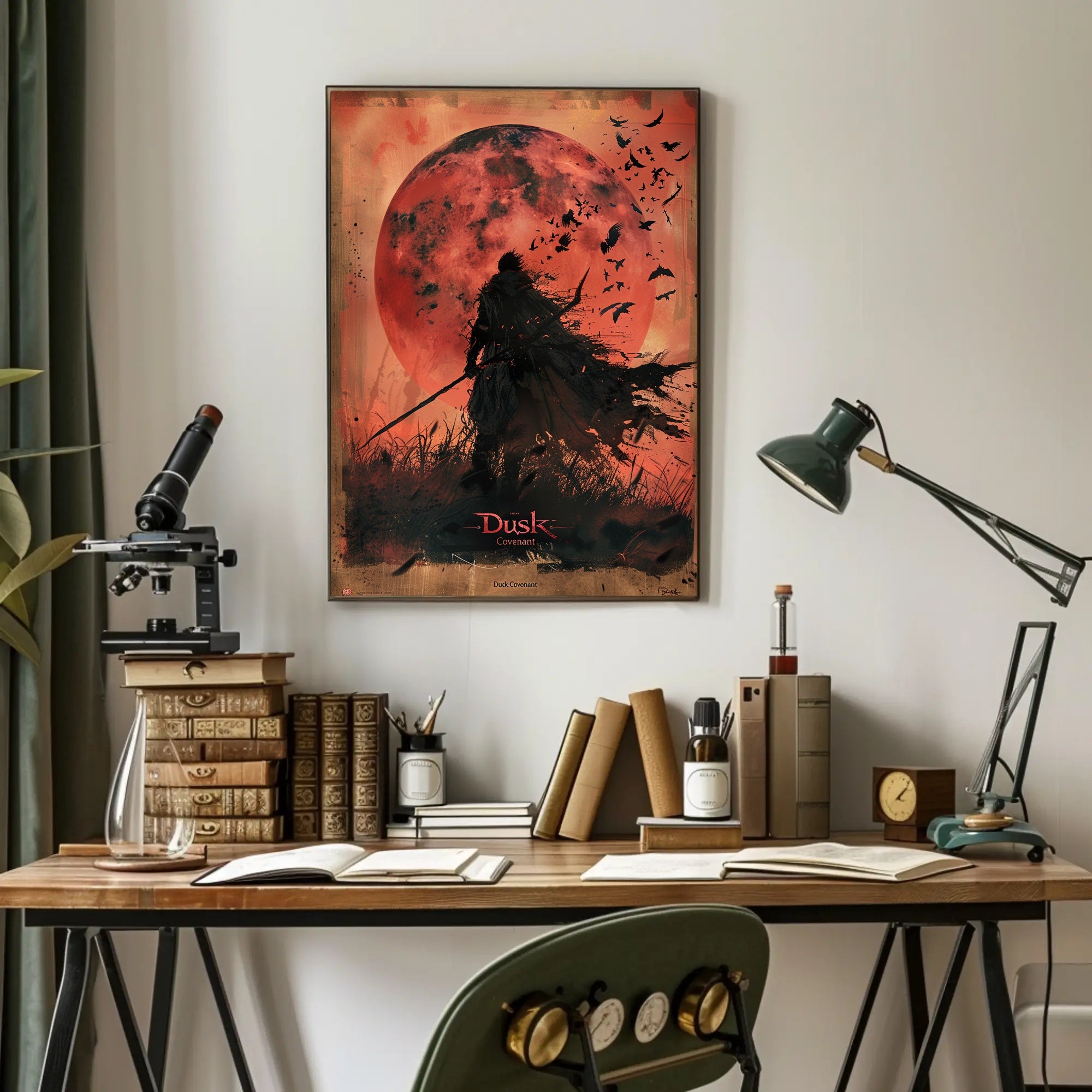 Silhouetted Warrior Against Red Moon Fantasy or Mythology Poster PosterGoat