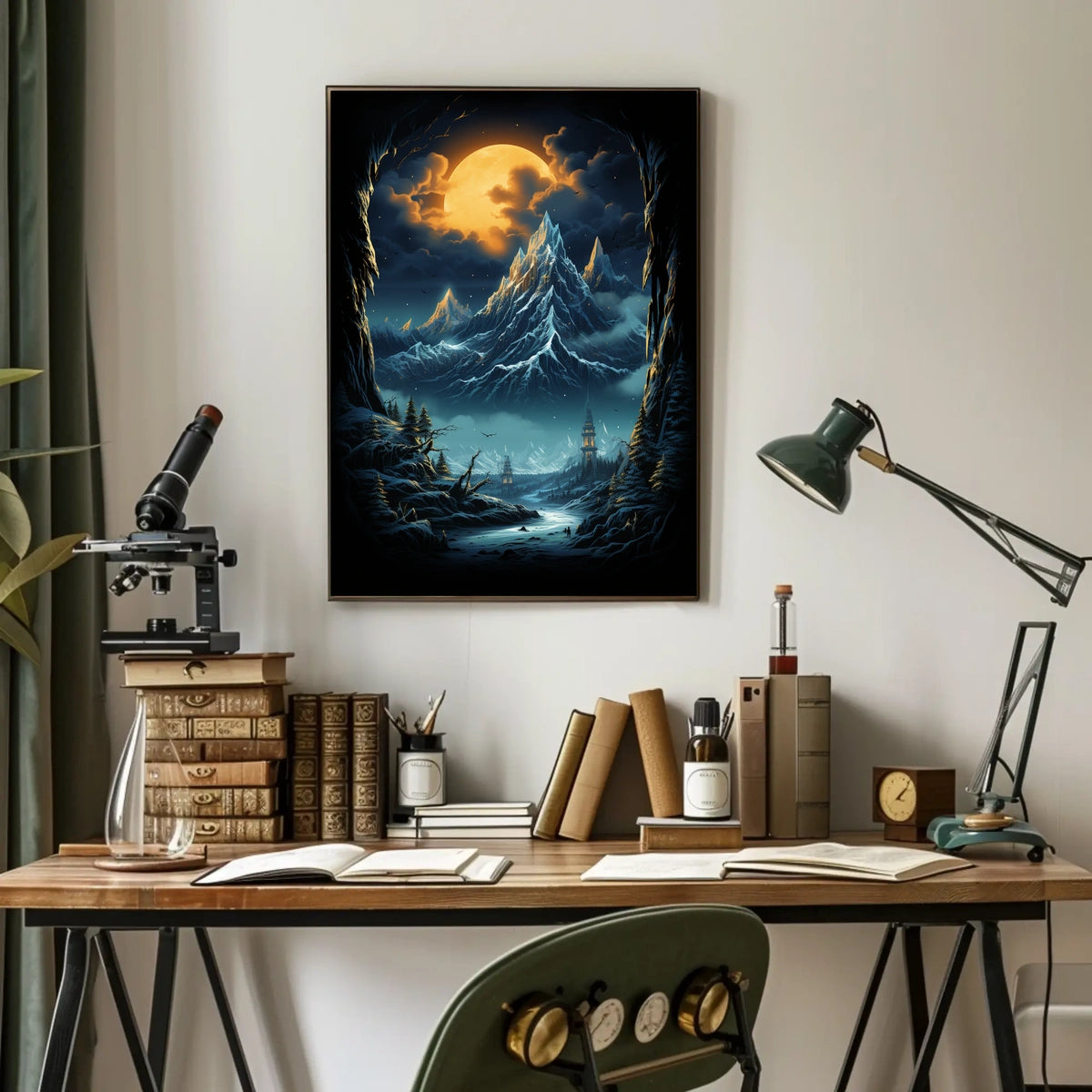 Fantastical Full Moon Mountain Landscape Futuristic Sci-Fi Poster