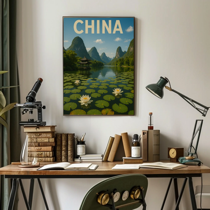 China Lotus Lake Mountains Pavilion Vintage Travel Poster