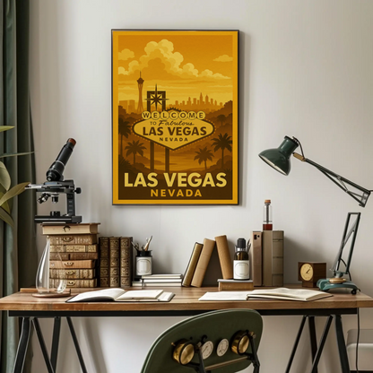 Golden Las Vegas Skyline Welcome Sign Retro Poster