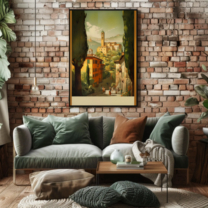 Italy Countryside Village Tower Hillside Vintage Travel Poster