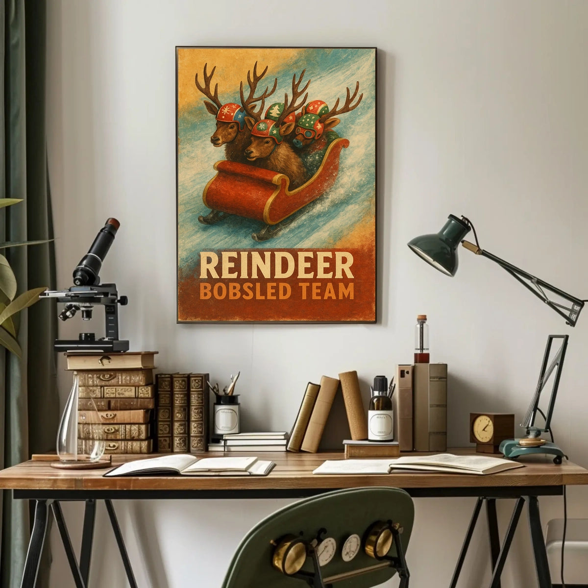 Whimsical Reindeer Bobsled Team Festive Sports Poster