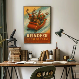 Whimsical Reindeer Bobsled Team Festive Sports Poster